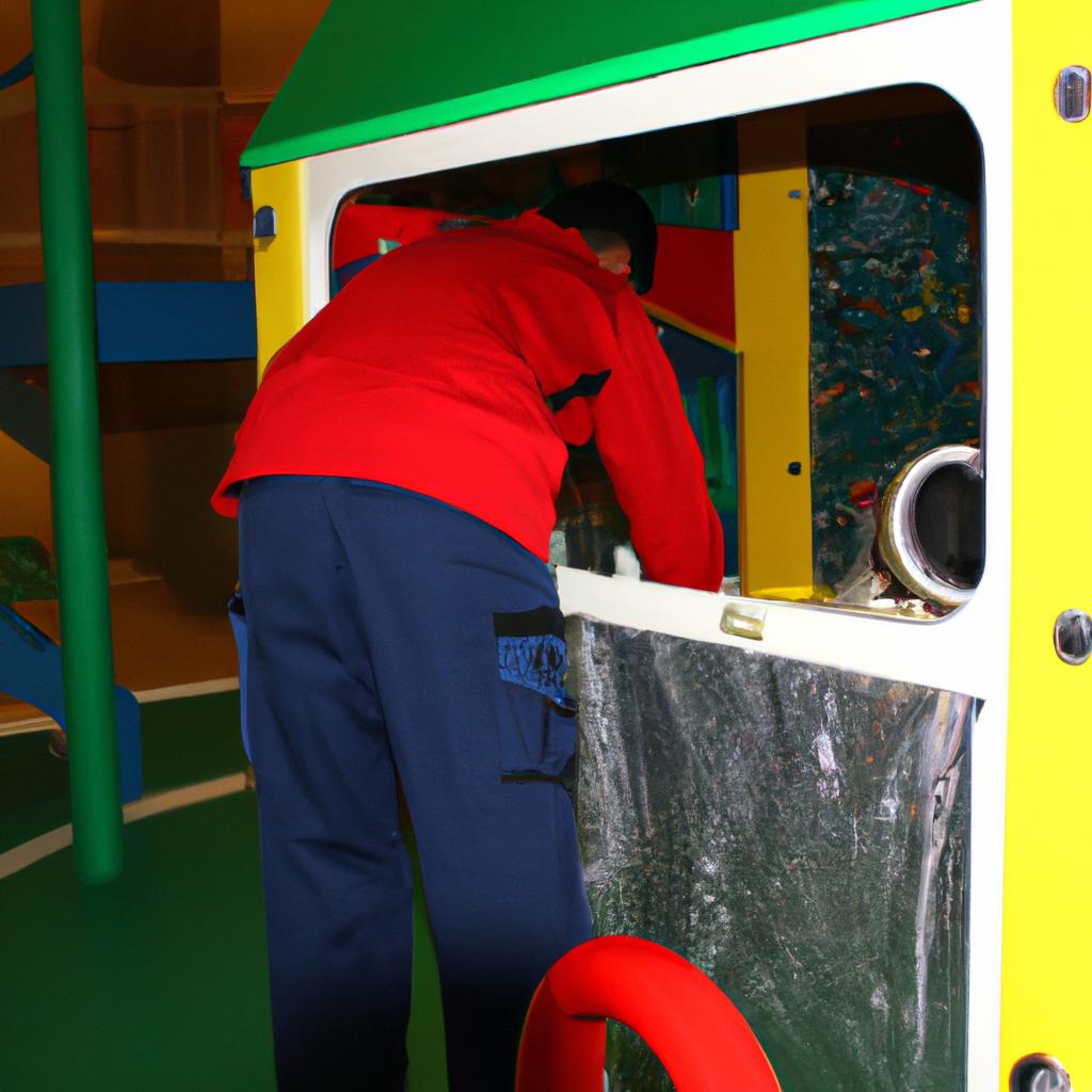 Person maintaining indoor playground equipment