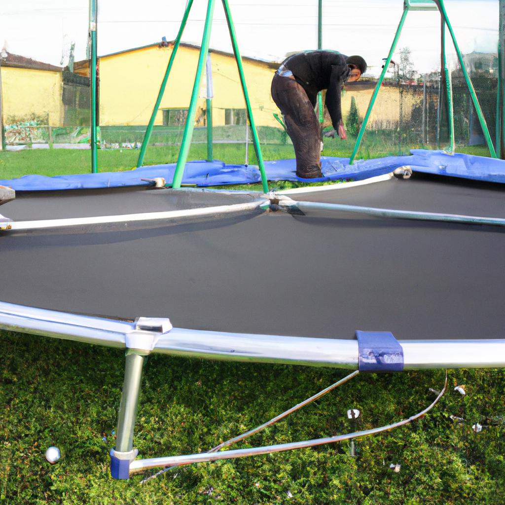 Person assembling trampoline in playground